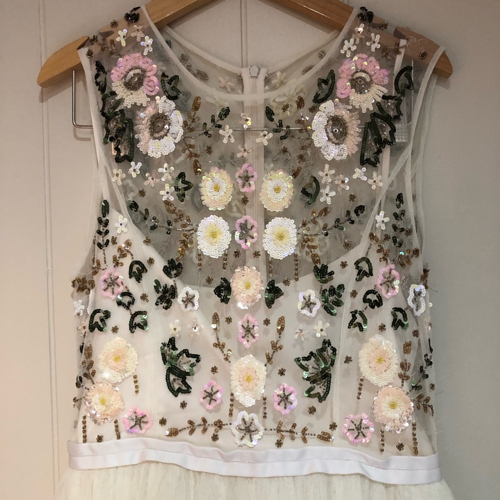 Needle & Thread Ivory Tulle Dress with Pink, Green & Gold Floral Embroidery